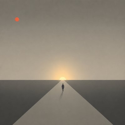 a solitary figure walking toward a glowing horizon across an empty plain, moody atmosphere, no text or lettering