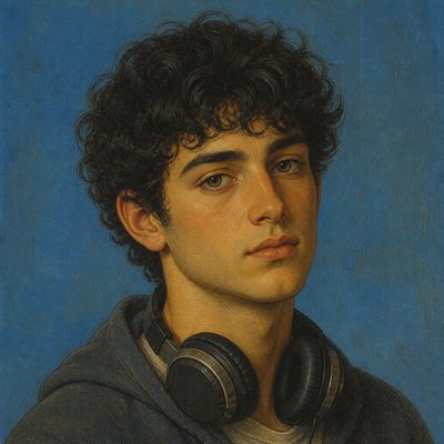 head-and-shoulders portrait of an original character: a young man with curly dark hair and headphones around his neck, plain backdrop, no text