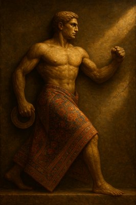 a painting of a man with a towel around his waist
