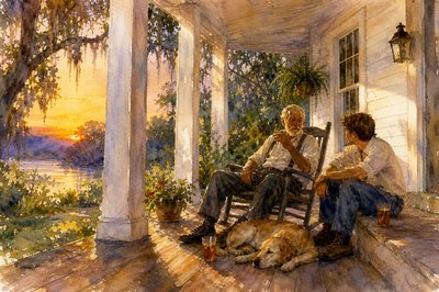 A sultry afternoon, moving into evening in the american south, circa 1970.  I see a quiet home surrounded by trees near a river, and on the wide front porch an older man sits in a rocking chair talking to his younger friend.  It's storytelling time.  The house is white shiplap siding, and the porch is peaceful and quiet.  An old dog lays down at the old man's feet. Glasses of iced tea are nearby.
 Life is good.