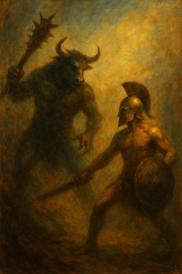 a painting of two men in armor with horns