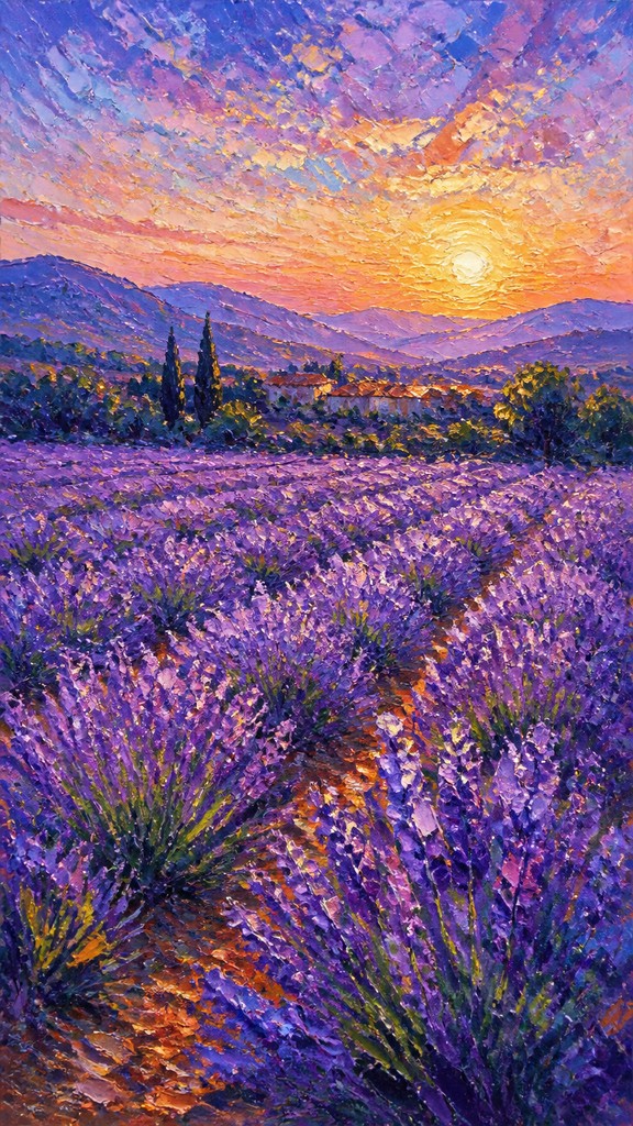 a field of lavender stretching to distant hills at dusk, no people