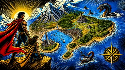 a map of an island realm with mountains, forests, a sheltered bay, sea monsters in the water and a compass rose, no text labels