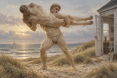 a painting of a man standing on a beach next to a house