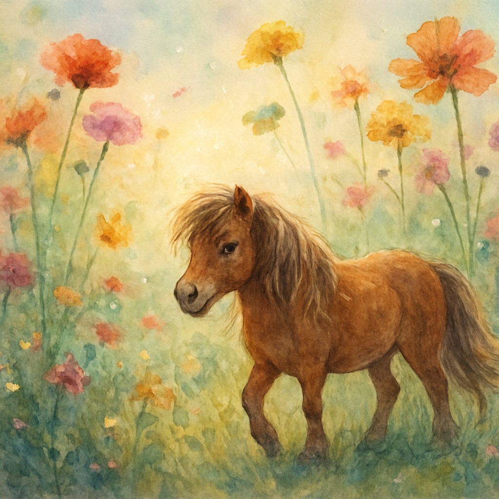Miniature horse wandering through a fantastical meadow of oversized tall wildflowers, soft morning light, delicate sparkles drifting in the air, intricate details, watercolor-dream mood, gentle movement in the mane and tail, expressive eyes, cinematic depth and color