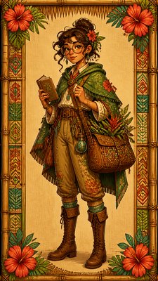 full-body original character: a wandering botanist with a satchel of plants, a patched green cloak, tall boots and round glasses, neutral background