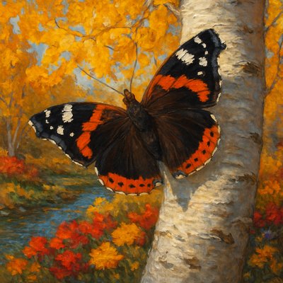 Oil Painting Art Style, a magnificent Red Admiral butterfly with its wings spread wide, revealing intricate patterns of bold black, vivid orange-red, and crisp white, firmly perched on the distinctive, textured white bark of an aspen tree. This scene is set at a lower elevation, where the aspen grows near a gently flowing stream, its banks adorned with a lush fall garden of colorful autumn flowers—deep reds, golden yellows, and fiery oranges—arranged in a picturesque display. Overhead and around, the aspen tree's own leaves are ablaze with brilliant, bright gold, adding a stunning luminosity to the scene. The entire composition is illuminated by clear, crisp autumn light, casting subtle shadows and highlighting the rich textures. Focus on the detailed brushwork on the butterfly's wings, the tangible texture of the aspen bark, and the vibrant, layered colors of the fall foliage and flowers, especially the striking golden aspen leaves, creating a detailed and serene artistic composition.