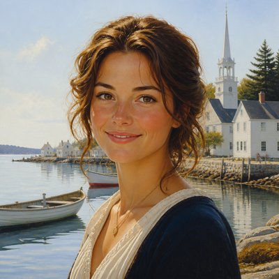 head-and-shoulders portrait of an original character: a young woman with wavy chestnut hair and a warm smile, plain soft backdrop