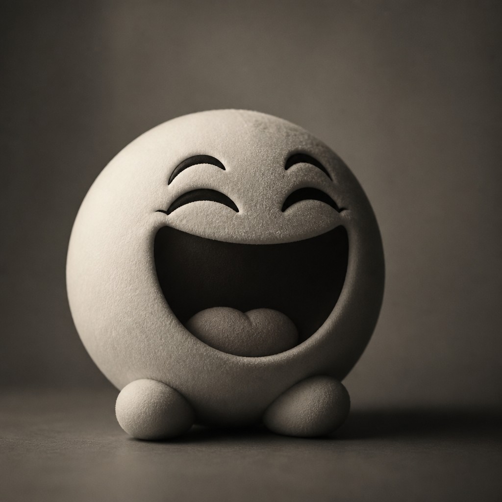an exaggerated laughing face of an original round mascot character, bold and readable at small size, plain background, no text