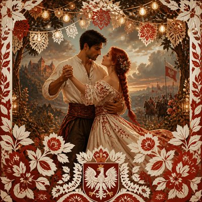 an original couple dancing under string lights in a garden at dusk: a man with short black hair in a linen shirt and a woman with braided red hair in a summer dress