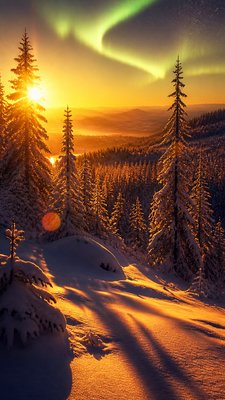 a snowy pine forest under the northern lights, no people