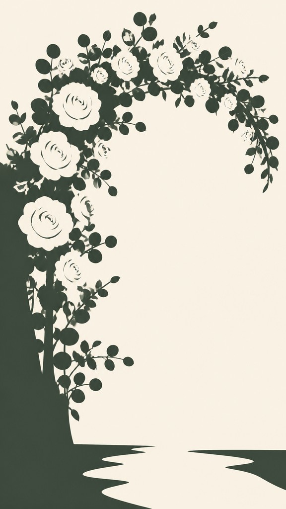 an arch of white roses and eucalyptus in soft morning light, elegant vertical composition with open space, no text