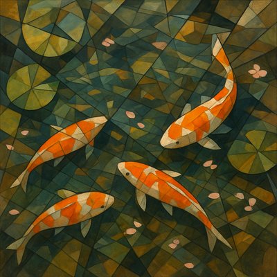 A koi pond seen from above, orange and white koi fish swimming among lily pads, clear water with subtle ripples, fallen cherry blossom petals floating on the surface, dappled sunlight