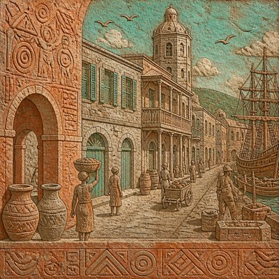 urban street with city activity — Antiguan Art Style