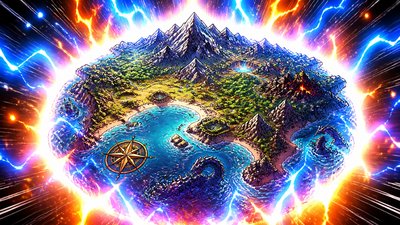 a map of an island realm with mountains, forests, a sheltered bay, sea monsters in the water and a compass rose, no text labels