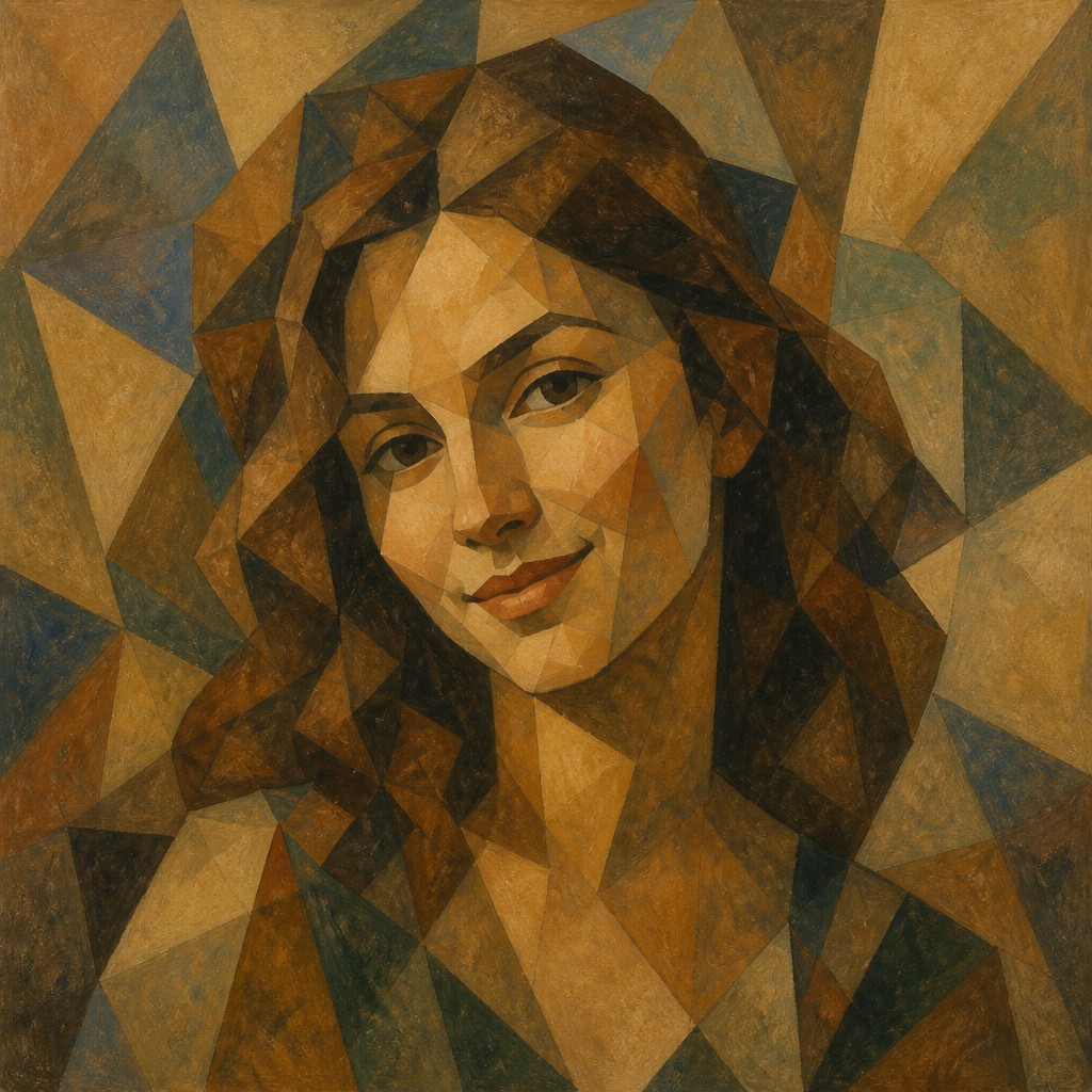 head-and-shoulders portrait of an original character: a young woman with wavy chestnut hair and a warm smile, plain soft backdrop