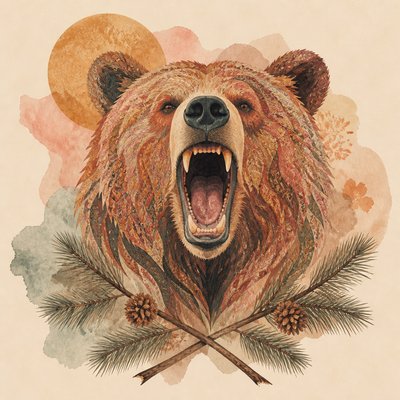 a roaring bear head above crossed pine branches, bold graphic composition on a plain background, no text