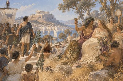 Theseus returns to Athens and Dionysus marries Ariadne