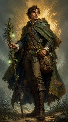 full-body original character: a wandering botanist with a satchel of plants, a patched green cloak, tall boots and round glasses, neutral background