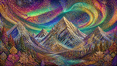 a flowing aurora over snowy peaks, wide sweeping composition, no people, no text