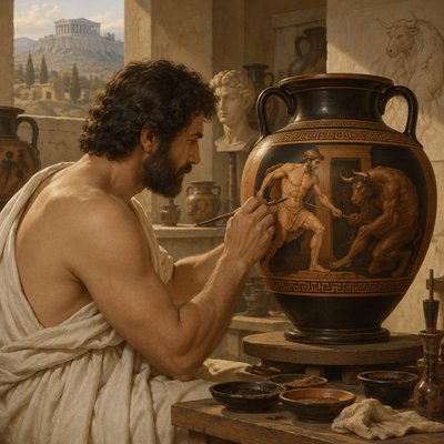 An ancient Greek vase painter depicting Theseus and the Minotaur