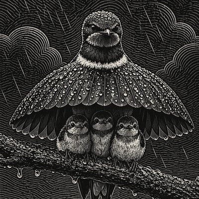 three little birds sitting on a branch in the rain