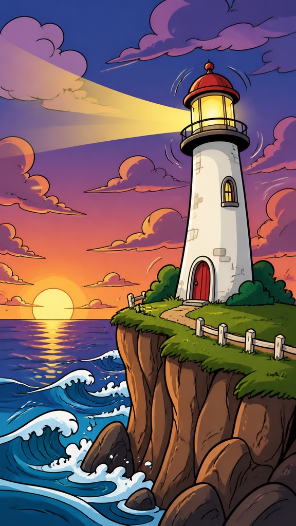 a lone lighthouse on a cliff at dusk under a dramatic sky, no text or lettering