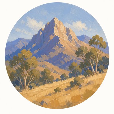 an emblem of a mountain peak inside a circle, simple bold shapes on a plain background, no text or lettering