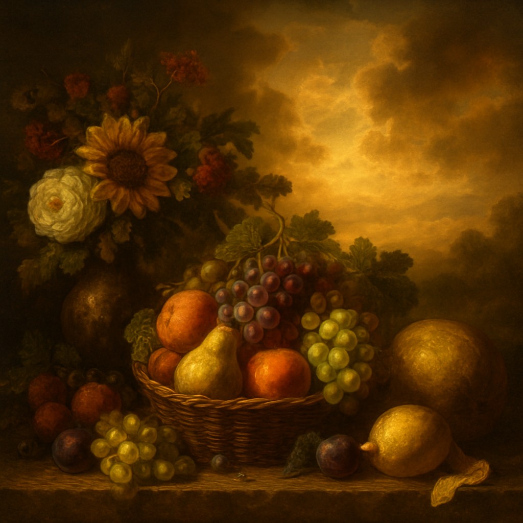still life arrangement of fruits and flowers