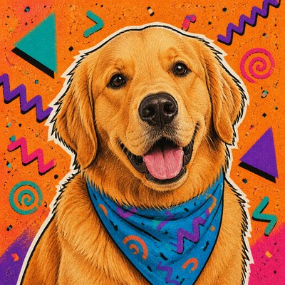 portrait of a golden retriever wearing a blue bandana, warm plain backdrop, no text