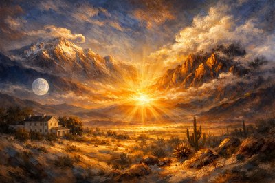 The San Gorgonio Pass, Mt. San Gorgonio) rises in the North, all hoary-frost and granite.  Snake-like clouds adorning her peak, I gaze past the big white house toward her uplifted boulders.
And at the South, Mt. San Jacinto has lost his head in cloud.  Burned bones against a blue sky backdrop.  Between the two, another sunrise gleams and beams of brilliant, white-hot day flash forth:  They accentuate the Sonora desert’s west extreme, and last night’s moon forgot to go away.