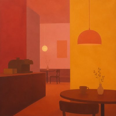 cozy cafe interior with warm lighting