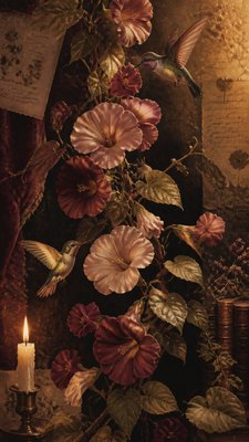 a climbing vine of flowers and hummingbirds on a dark background, tall wrapping composition, no text