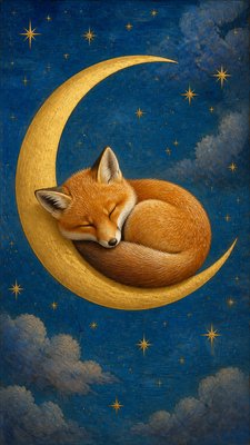 a sleeping baby fox curled on a crescent moon among soft stars, gentle and warm, no text