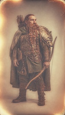 full-body original character: a dwarven ranger with a braided auburn beard, worn leather armor, a longbow and a wolf-pelt cloak, neutral background, no text