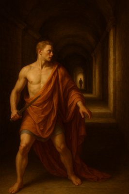 a painting of a man with a sword