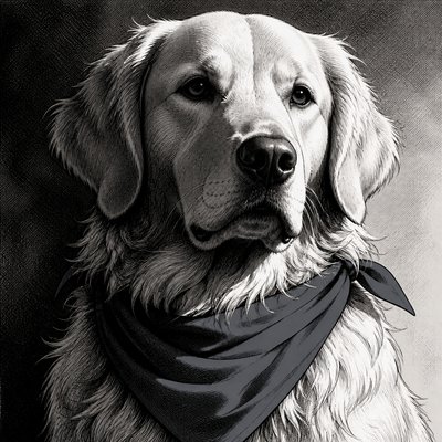 portrait of a golden retriever wearing a blue bandana, warm plain backdrop, no text
