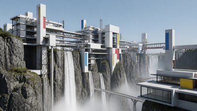 a cliffside city with waterfalls cascading into a misty canyon, wide establishing shot, no people, no text