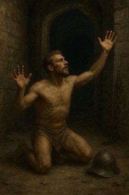 a painting of a man kneeling in a tunnel