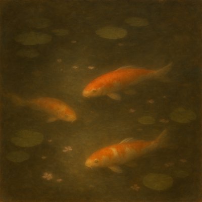 A koi pond seen from above, orange and white koi fish swimming among lily pads, clear water with subtle ripples, fallen cherry blossom petals floating on the surface, dappled sunlight