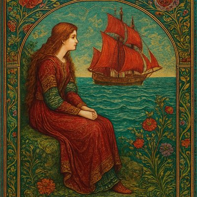 a girl sitting on a rock looking at the sea with a big ship with red sails on the horizon