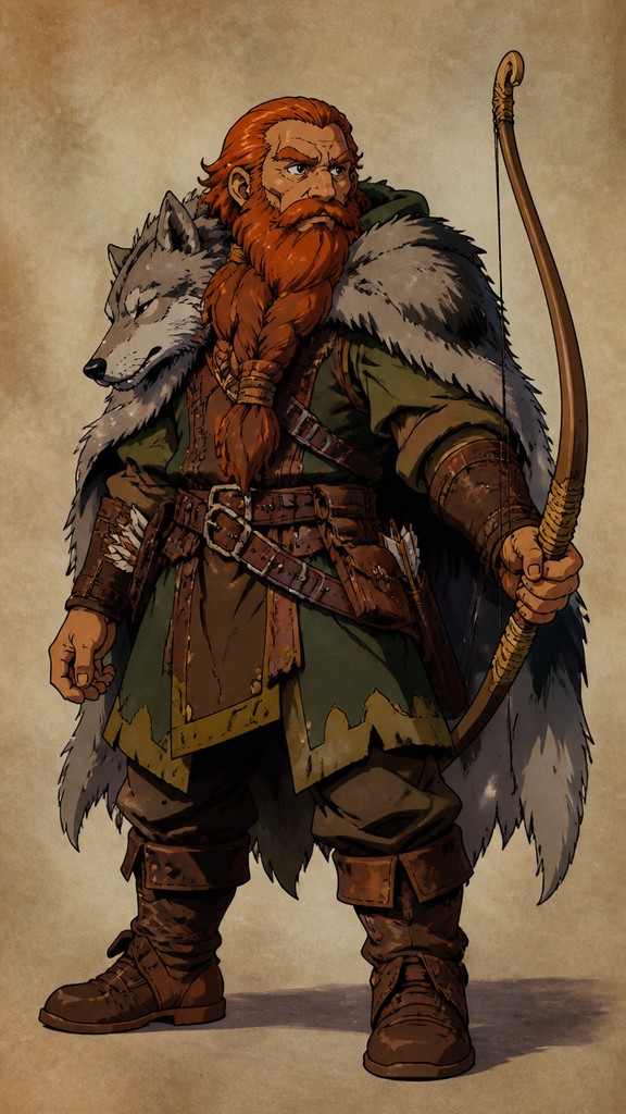 full-body original character: a dwarven ranger with a braided auburn beard, worn leather armor, a longbow and a wolf-pelt cloak, neutral background, no text