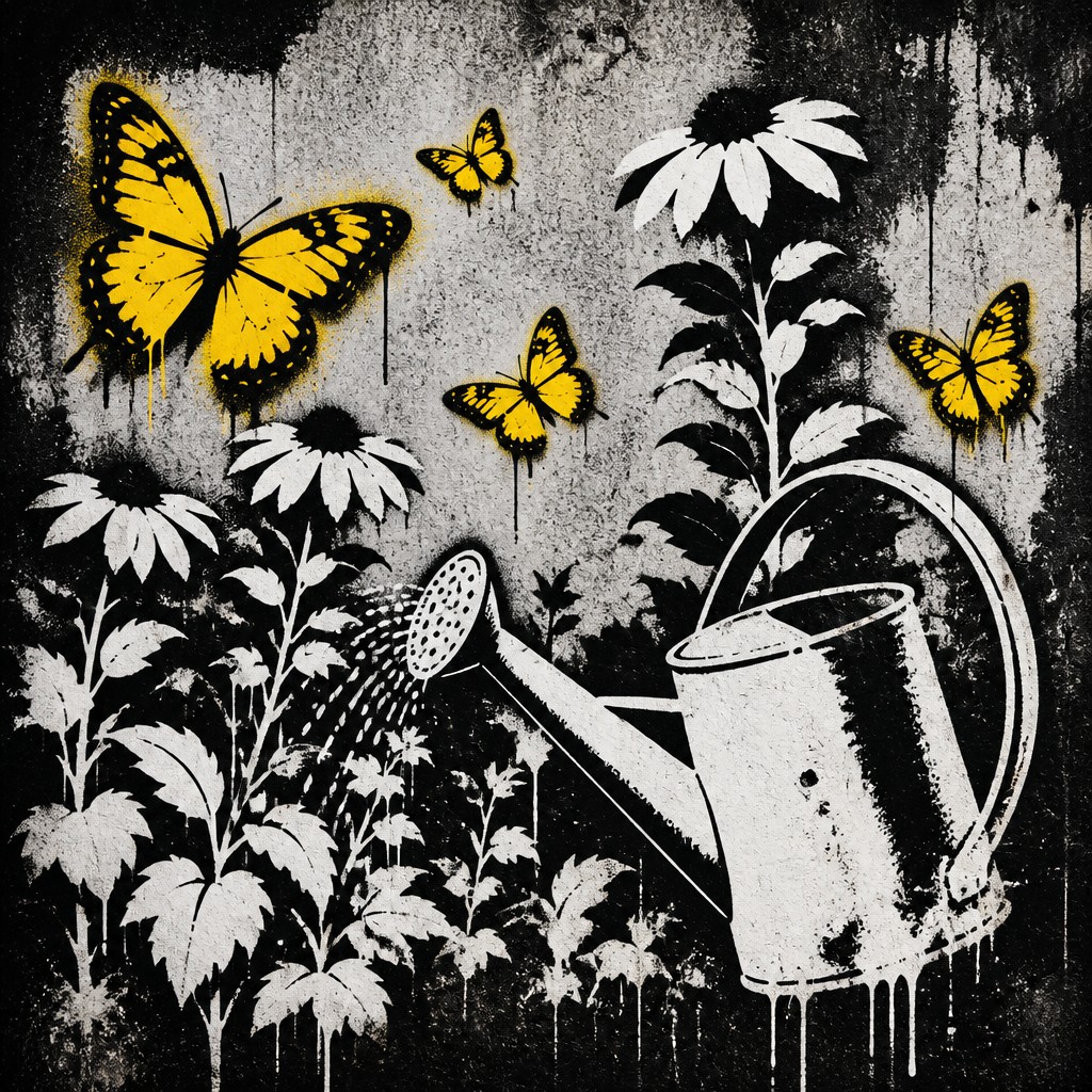 a garden scene with butterflies, flowers and a watering can, clean uncolored line art, no text