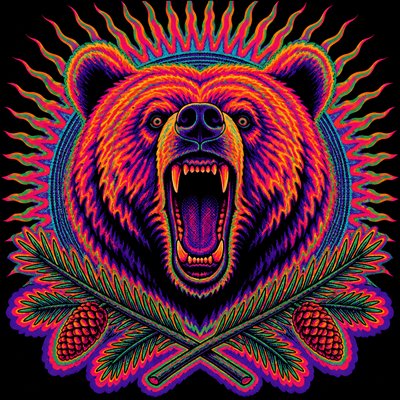 a roaring bear head above crossed pine branches, bold graphic composition on a plain background, no text