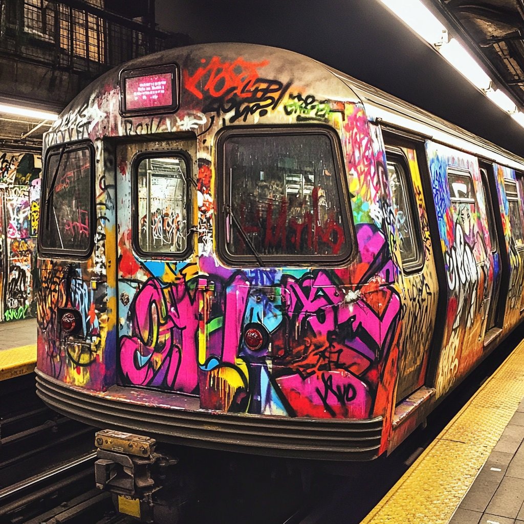 Subway car completely covered in colorful graffiti in the art style of Graffiti --v 6.1