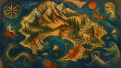 a map of an island realm with mountains, forests, a sheltered bay, sea monsters in the water and a compass rose, no text labels