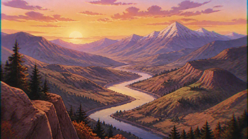 a vast valley with a river winding toward distant mountains at sunrise, no people, no text