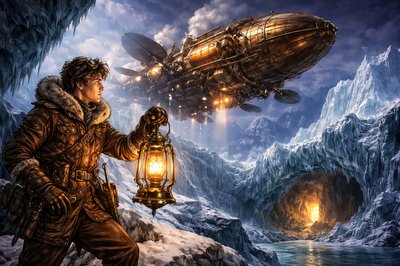 A high-detail Steampunk illustration inspired by Tom Swift and the Caves of Ice. A vintage 1910s-style airship with a copper-riveted hull and glowing vacuum-tube engines hovering over a jagged Arctic glacier. In the foreground, a young inventor in fur-lined leather explorer gear and brass goggles holds an ornate electric lantern. The palette features cool glacial blues and whites contrasted with warm, polished brass and glowing amber lights. Victorian industrial aesthetic, cinematic lighting, intricate mechanical detail.