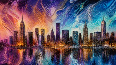 a city skyline panorama at dusk with glowing windows, no people