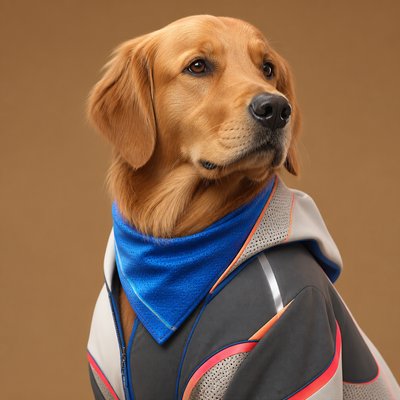 portrait of a golden retriever wearing a blue bandana, warm plain backdrop, no text